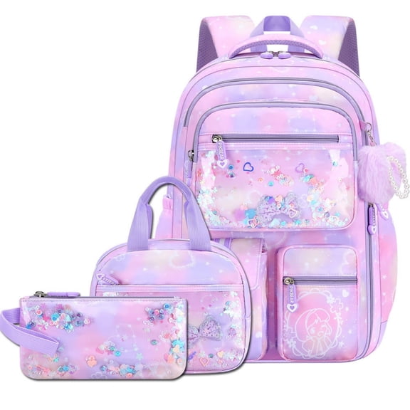 Backpack 3-Piece Set with Lunch Bag & Pencil Case, Cute Water-Resistant Bookbag with Floating Sequin Bow Pocket & Fluffy Heart Pearl Keychain, Dreamy Purple