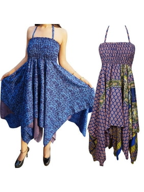 Mogul Lot Of 2 Womens Beach Recycled Dress Vintage Sari Printed Handkerchief Hem Boho Chic Halter Summer Fashion Sundress XS
