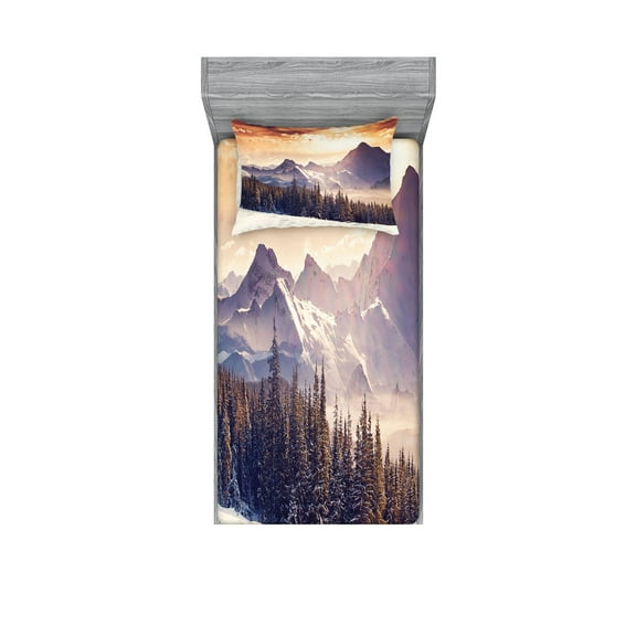 Ambesonne Nature Fitted Sheet & Pillow Sham Set, Winter Evening Mountain, Twinxl, Multicolor