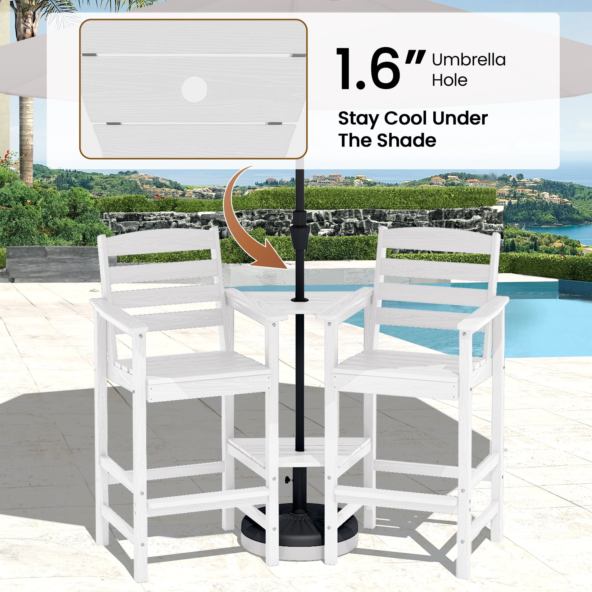 SERWALL Tall Adirondack Chairs Set of 2 with Connecting Table, HDPE Adirondack Outdoor Barstools, White