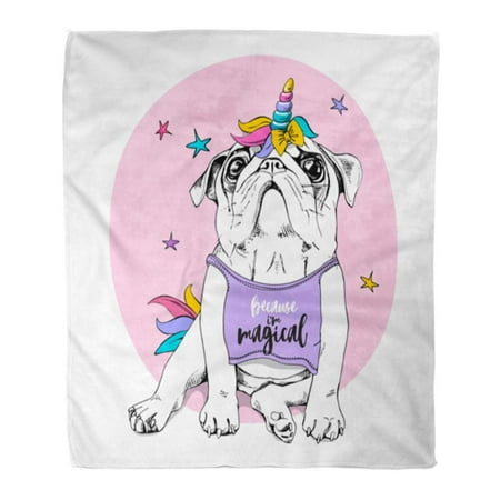 SIDONKU Flannel Throw Blanket Adorable Puppy Pug in Bright Colored Costume of Unicorn Wig Horn and Tail Because I M Magical 50x60 Inch Lightweight Cozy Plush Fluffy Warm Fuzzy Soft