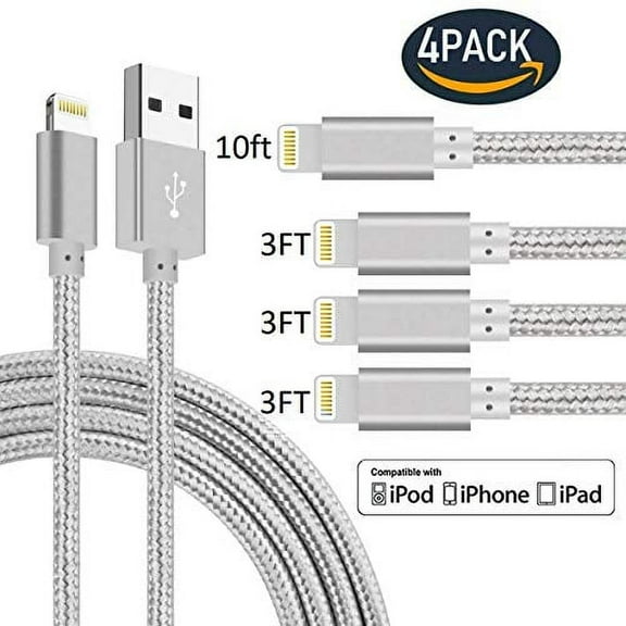 Chargers, Phone Cable 4Pack 3FT 3FT 3FT 10FT Nylon Braided USB Charging & Syncing Cord Compatible with Charger X 8 8Plus 7 7 Plus 6S 6S Plus 6 6 Plus Other Series - Grey
