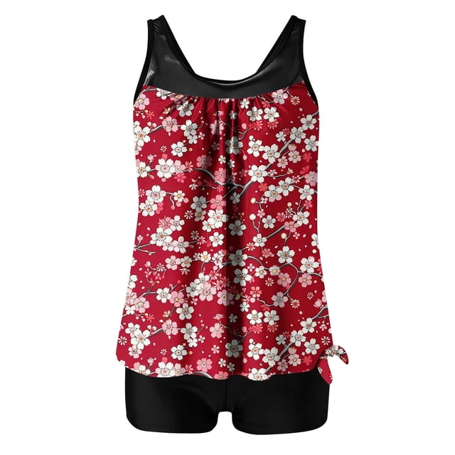 Traje de Baño de Mujer con Pantalones Cortos de Cintura Alta Impreso de Dos Piezas Tankini Set Control Del Vientre Largo Torso Traje de Baño de Verano Modesto