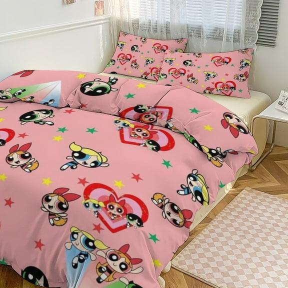The Powerpuff Girls 3 Pieces Bedding Set 3D Printed Lightweight Bed Quilt Set Comforter Cover Set for Girls Kids Teens, 1 Quilt Cover 2 Pillowcases 86"x70"