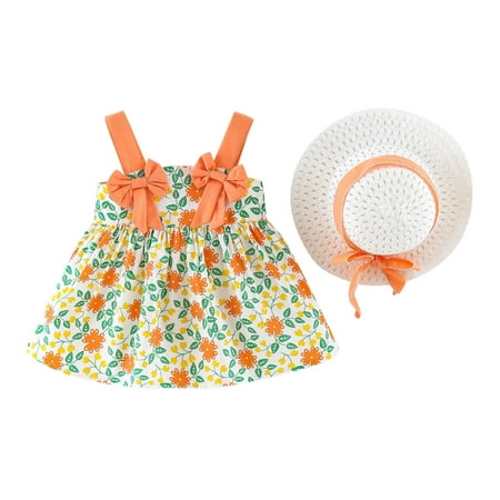 

nsendm Dresses Girls 6M-3Y Princess Printed Bowknot Sleeveless Hat Baby Set Floral Dress Infant Baby Girl Bloomers Orange 18-24 Months
