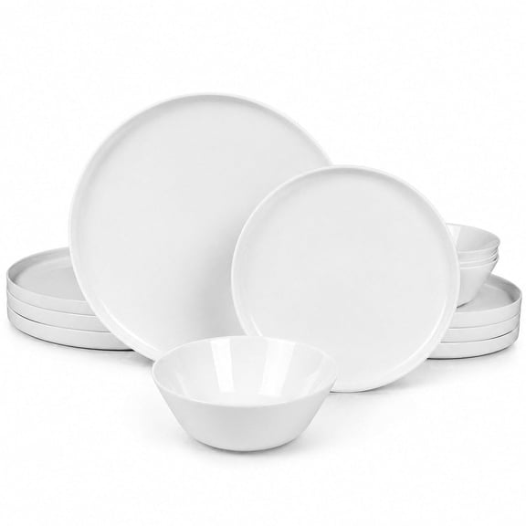 LaGlint Dinnerware Sets Vertical Rim White Opal Glass, Dishwasher and Microwave Safe, 12 Piece, Service for 4