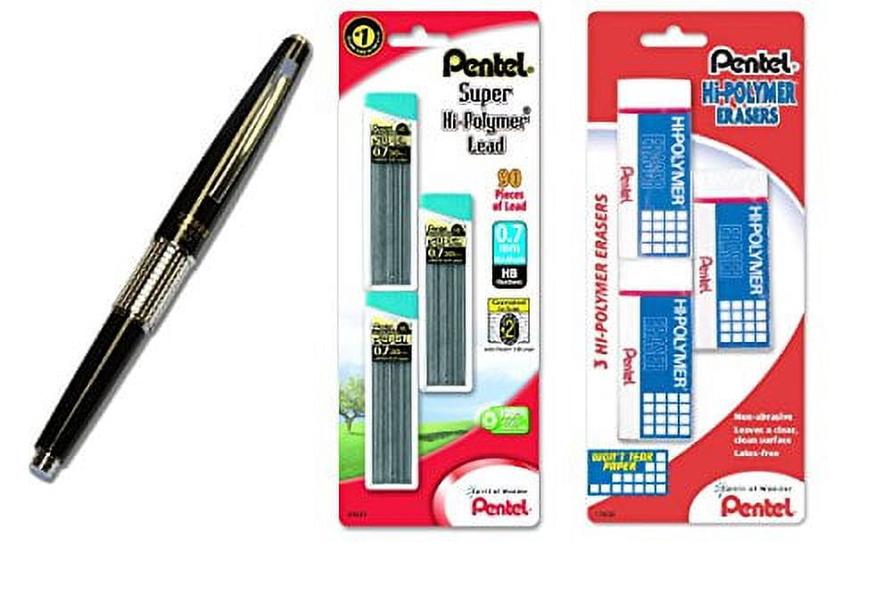 Pentel Sharp Kerry Mechanical Pencil, 0.70 mm, Metallic Black Barrel with Lead Refills and Eraser (Bundle)