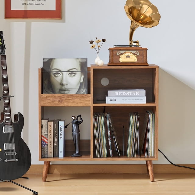 Weselon Armoire de Rangement pour Disques avec Prise de Courant, Support pour Tourne-Disque, Table pour Tourne-Disque Pouvant Contenir jusqu'à 250 Albums, Étagère d'Exposition pour Tourne-Disque avec Pattes en Bois pour Salon Chambre, Brun Noyer