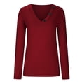 thumbnail image 3 of XFLWAM Women Solid Color Shirts Deep V-Neck Long Sleeve Casual Slouchy Loose Blouses Faux Button Lightweight Pullover Top Red 3XL, 3 of 7