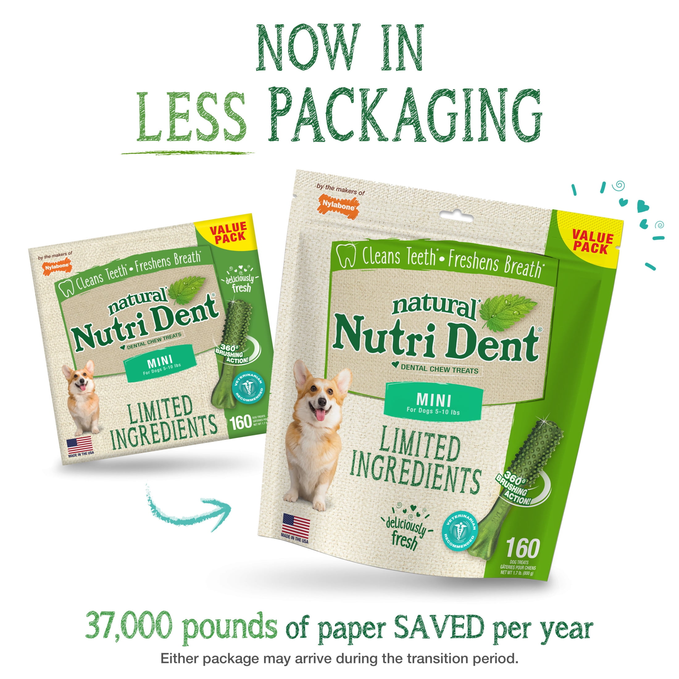 Nylabone Nutri Dent Natural Dental Chews for Dogs, Limited Ingredient Dog Treats, Teeth Cleaning Dental Sticks for Dogs, Fresh Breath Flavor, For X-Small Dogs (160 Count)