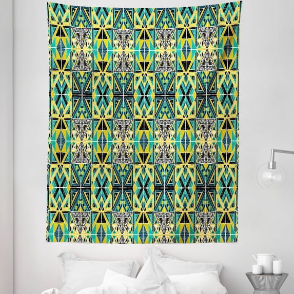 Aztec Tapestry, Geometric Ornaments Drawn by Hand Print, Fabric Wall Hanging Decor for Bedroom Living Room Dorm, 5 Sizes, Sea Green Earth Yellow, by Ambesonne