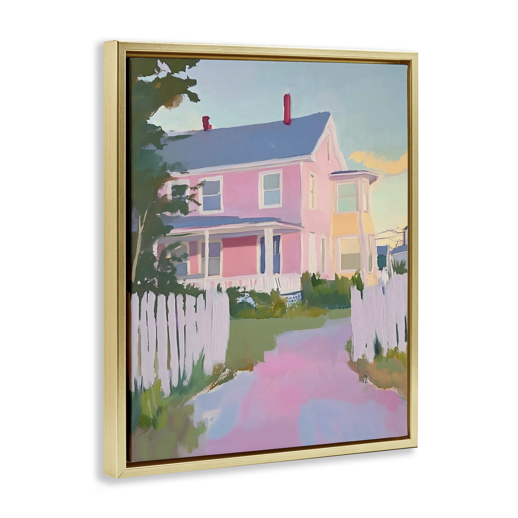 Stupell Industries Pastel Pink House with Fence Gold Framed Floater Canvas Wall Art, design by The Prints Vibe