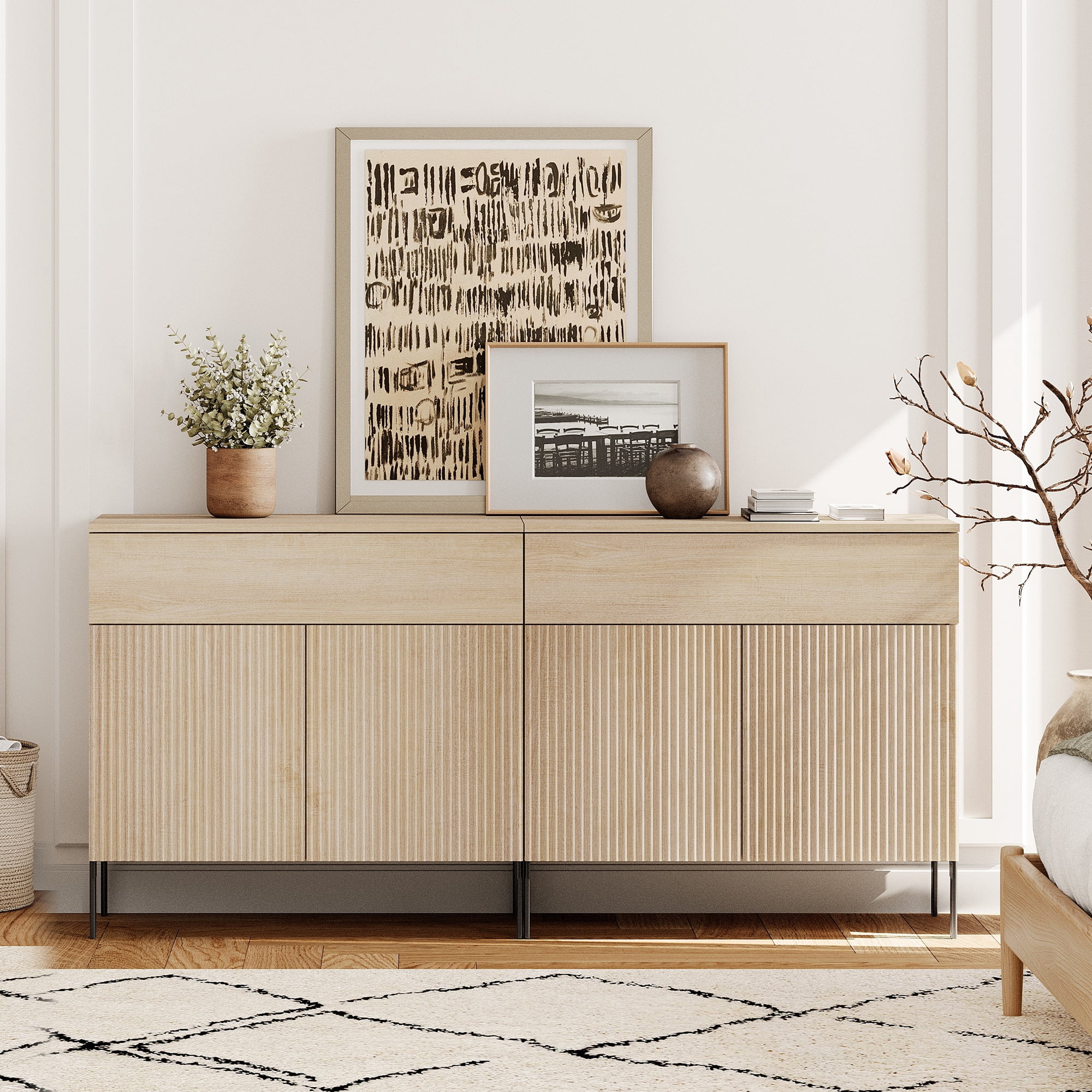 4 Pcs Bedroom Set，Reeded Dresser and Nightstand Sets for Bedroom, Wooden Dresser Set with Doors, Night Stand of 2 with Charging Station