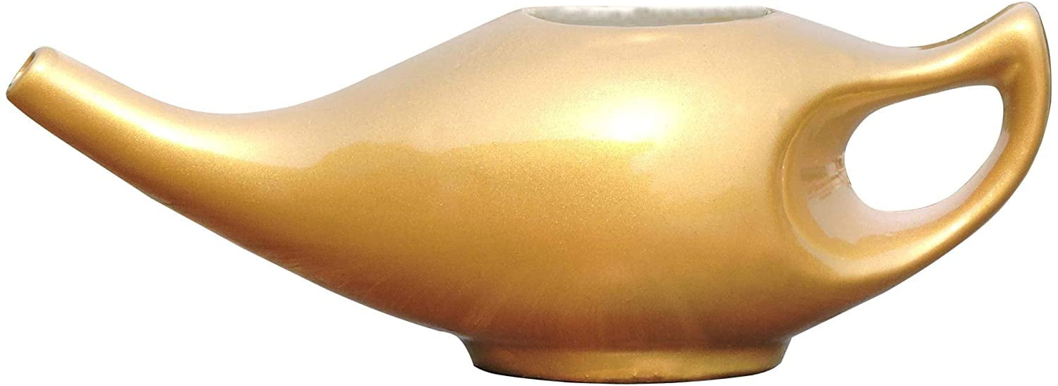 HealthGoodsIn - Porcelain Ceramic Neti Pot for Nasal Cleansing Golden Color | Natural Treatment for Sinus, Infection and Congestion | Neti Pot with 5 Sachets of Neti Salt + Instructions Leaflet