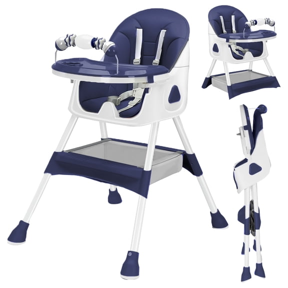 Kynorva 3-in-1 Baby HighChair, Foldable Portable Baby Dining Chairs Eat & Play Convertible High Chair with Double-Layer Dinner Plate and Toy Rack (Blue)