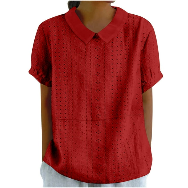 New Women Lapel Short Sleeve Blouse - Loose Casual, Splice Lacework, Polyester, Spring Summer Fall Top S-XXL