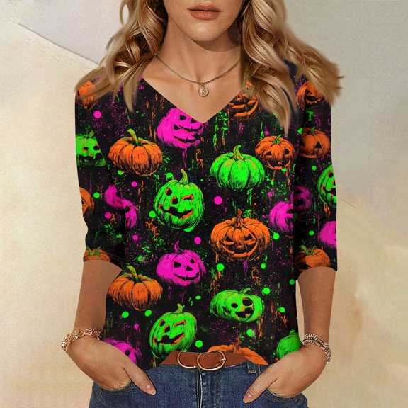 Women Halloween 3/4 Sleeve Tops Funny Graphic Tees Fall V Neck Loose Fit Party Halloween T-Shirts
