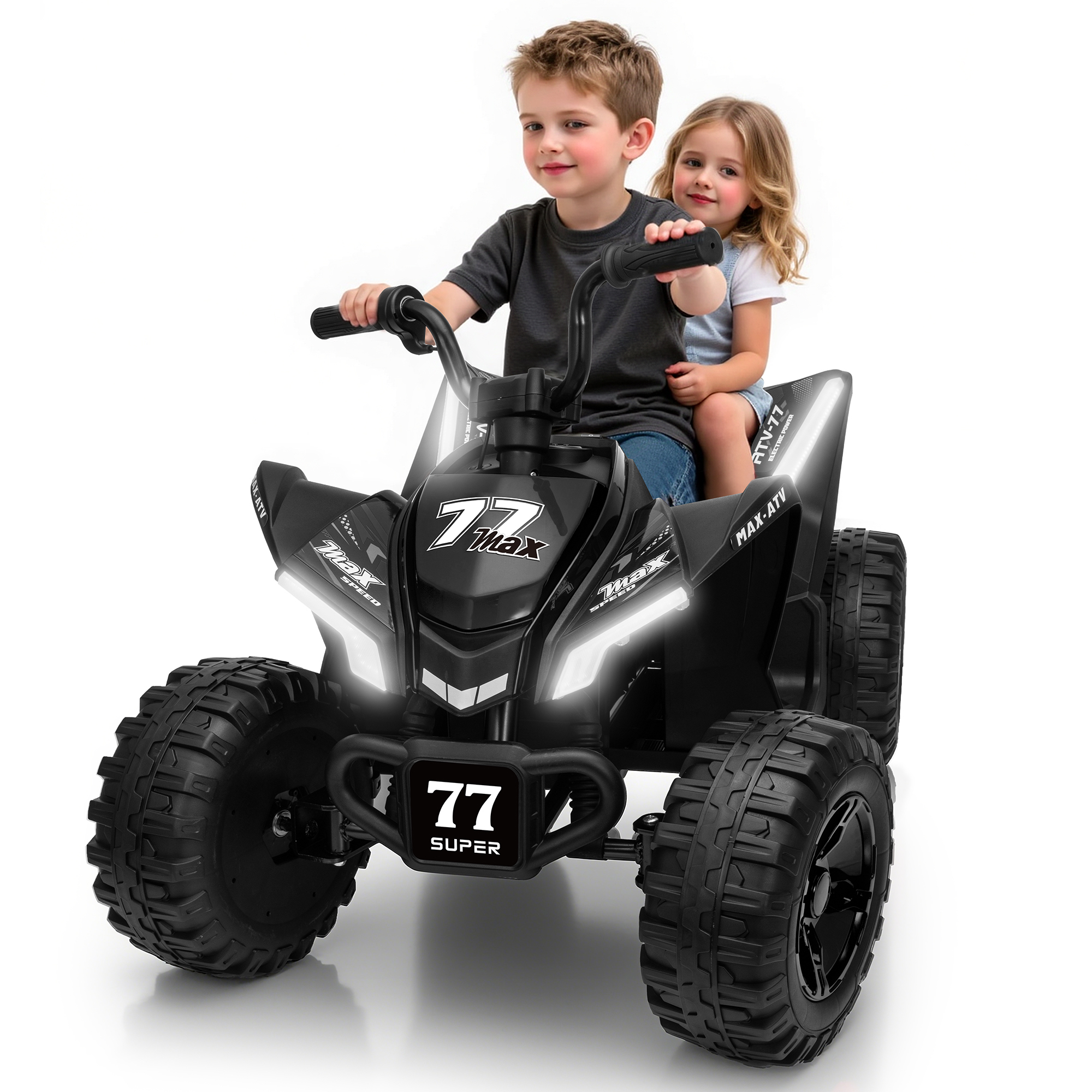 Kids ATV 4 Wheeler, Two Seater 24V Ride On Toy for Big Kid w/Unique LED Light, Music, Wireless, Story, 24 Volt Ride on Car Electric Quad for Boys Girls, Black