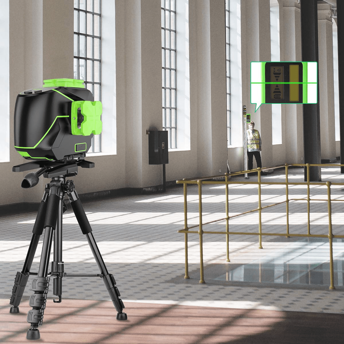 Huepar 3 x 360 Degree Cross Line Laser Level 3D Self-leveling Tiling Floor Green Beam Laser Leveler Tools with Li-ion Battery & Pivoting Base S03DG-L