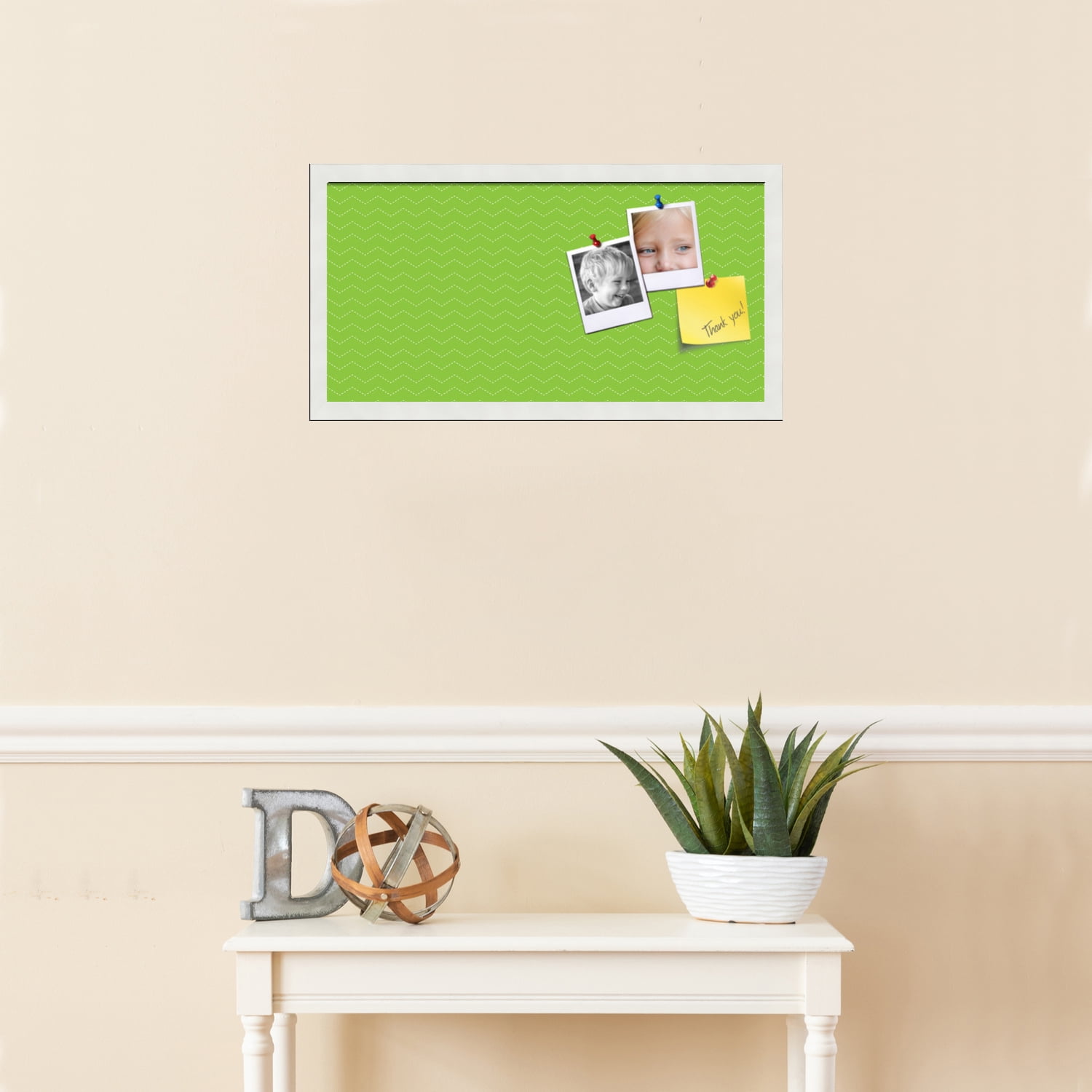 PinPix ArtToFrames 22x10 Custom Cork Bulletin Board Green Chevron   Poster Board Has a Fabric Style Canvas Finish, Framed in Satin White Frame (PinPix-518)