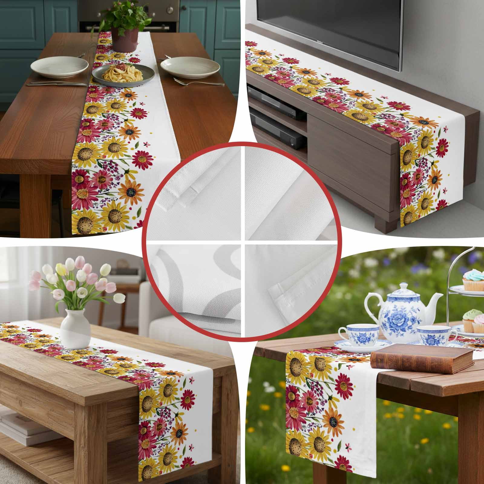 Summer Yellow Red Chrysanthemum Table Runner 90 Inches Long, Watercolor Pastoral Floral Table Runners Tabletop Scarf Kitchen Dining Tables Decoration for Home Party Indoor Outdoor