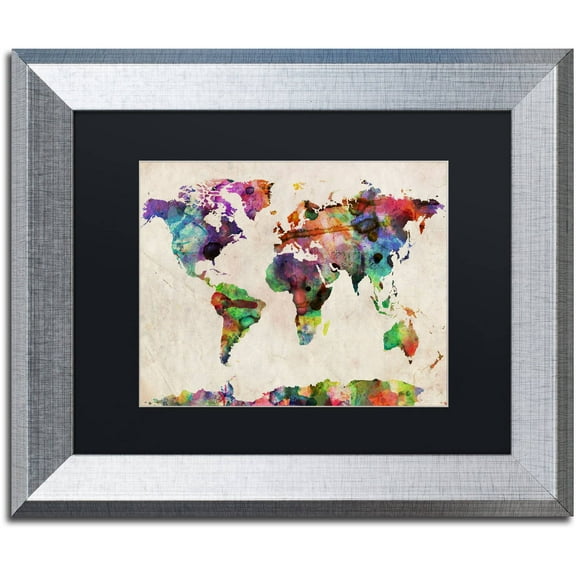 Trademark Fine Art "Urban Watercolor World Map" Canvas Art by Michael Tompsett Black Matte, Silver Frame