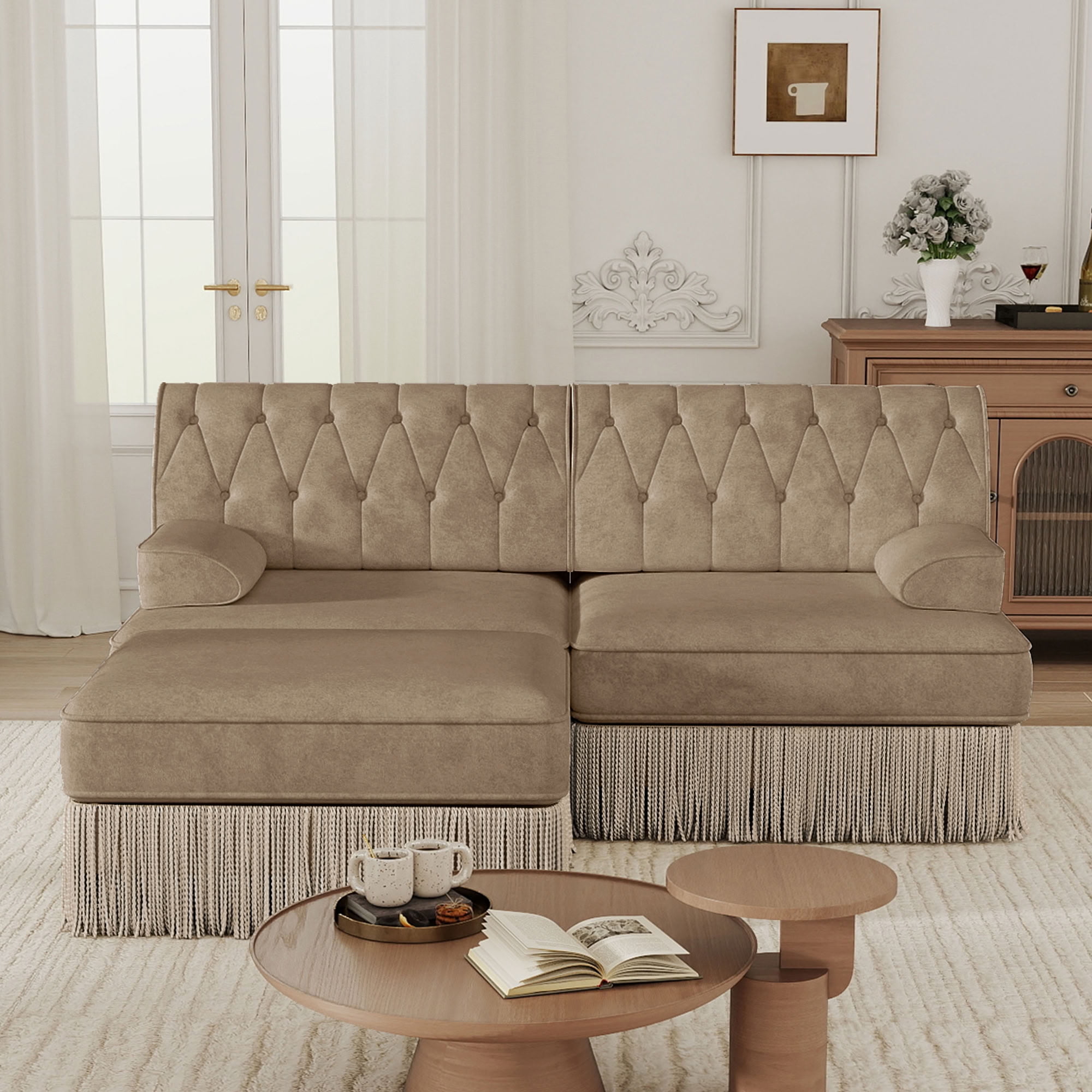 MAYEERTY L-Shaped Chesterfield Sofa, Modular Couch with Tassel & Ottoman, Solid Wood Base for Living Room Bedroom