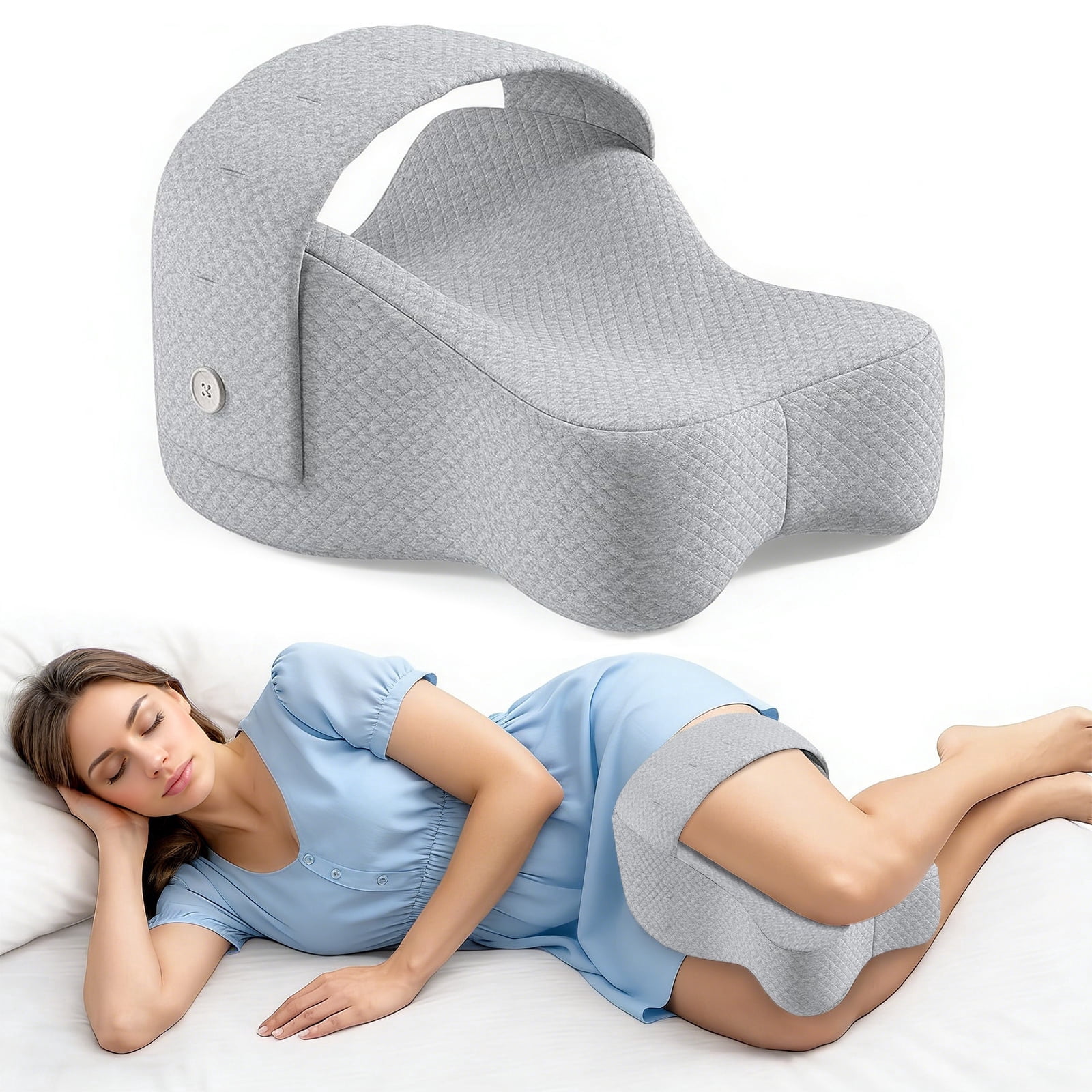 AMTPM Knee Pillow for Side Sleepers, Ergonomic Contoured Memory Foam Leg Pillow with Non-Slip Strap Design, Breathable Washable Cover for Pregnancy