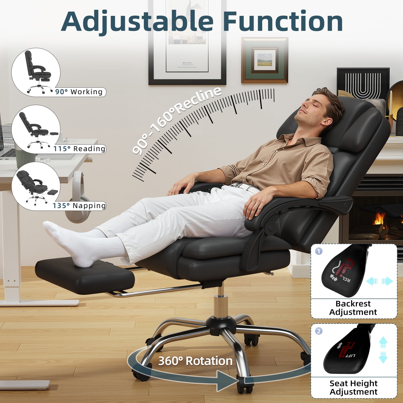 6-Point Massage Office Chair with Heat, Ergonomic Reclining Desk Chair with Footrest, PU Leather Executive Chairs for Home Office, Massaging Computer Chair Gift for Men, Black