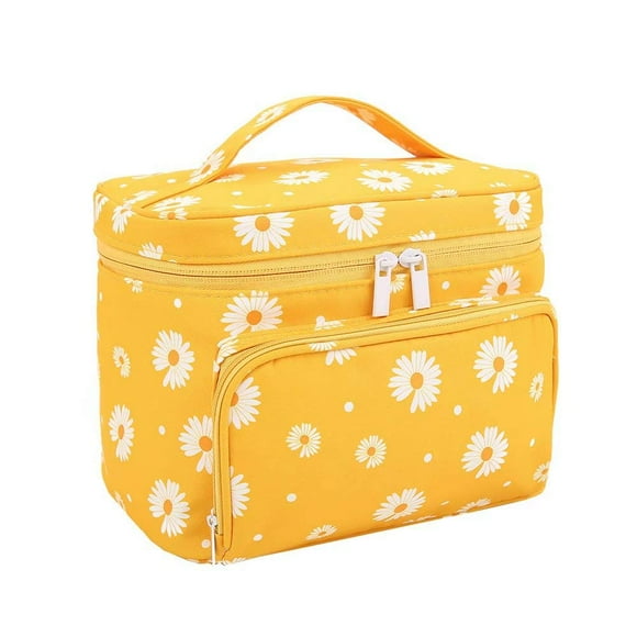 Makeup Bags for Women Large Cosmetic Bags with Brush Holders Travel Make up Bag, Orange Daisy