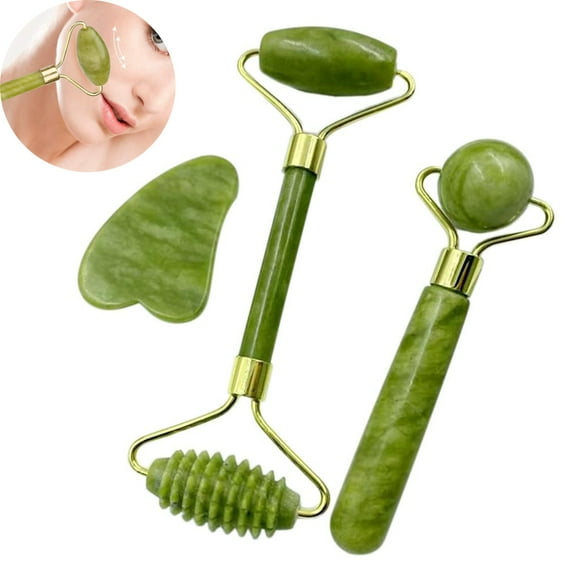 Appareil de Massage à Rouleau en Pierre de Jade Naturelle, Ensemble de Rouleau de Jade et Gua Sha,