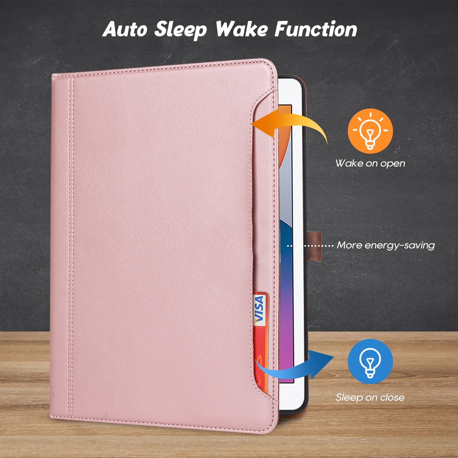 Flip Case for Apple iPad 10.2" 9th 8th 7th Generation 2021/2020/2019, Pencil Holder Smart Cover Auto Sleep Wake Protective Documents Pocket Stand Snap Closure Case for iPad 10.2 Inch, Rosegold