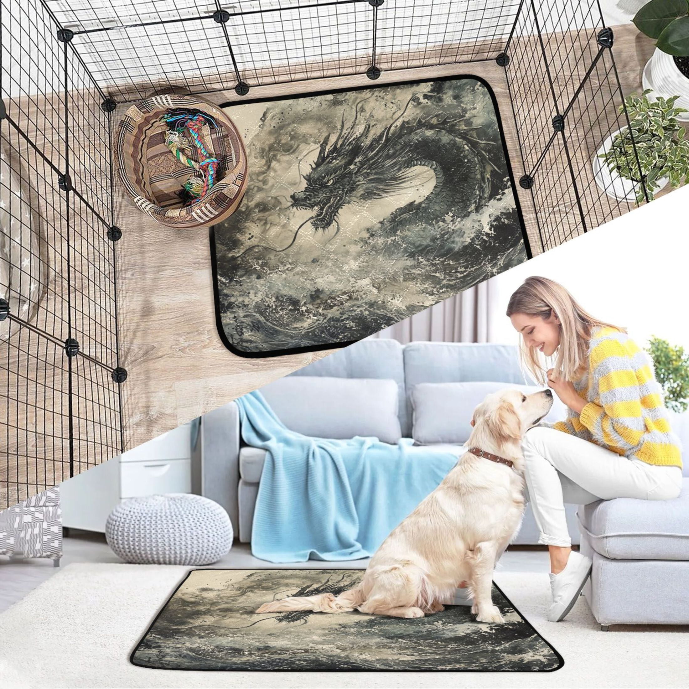 Qxltty Cyan Dragon Cat litter Pads Pet Set of 3 Diaper Mats Center Anti-leakage Layer Absorbent Soft and Comfortable