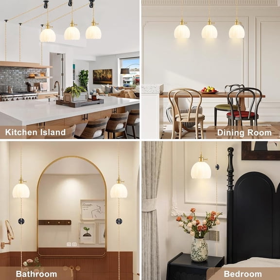 MINSUI-Plug in Pendant Light Fixtures, Hanging Light Fixture Vintage Glass Pendant Light, Mini Milk White Tulip Hanging Lamp, Pendant Lighting for Kitchen Island, Bedroom, Dining Room, Living Room
