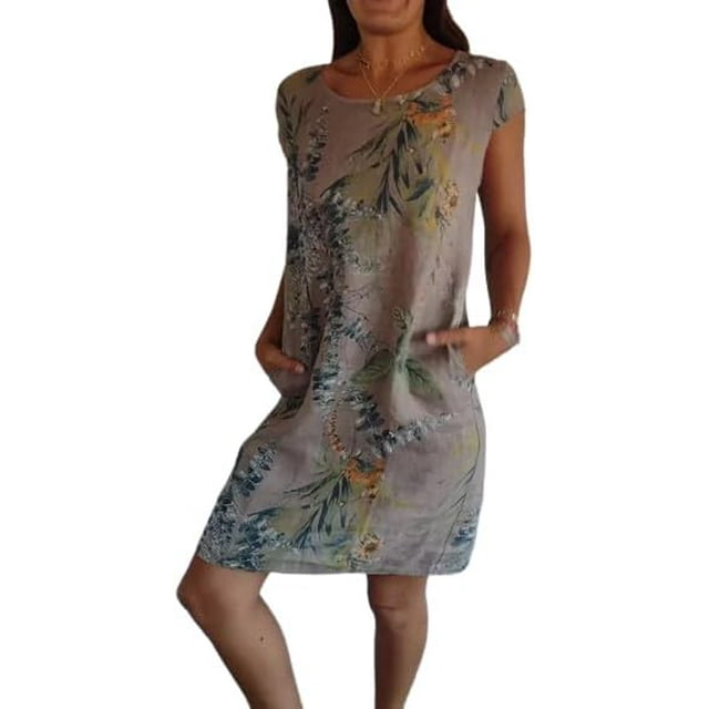 XYMJT Robes Needream, Robe Imprimée en Coton et Lin pour Femmes, Col Rond, avec Poche
