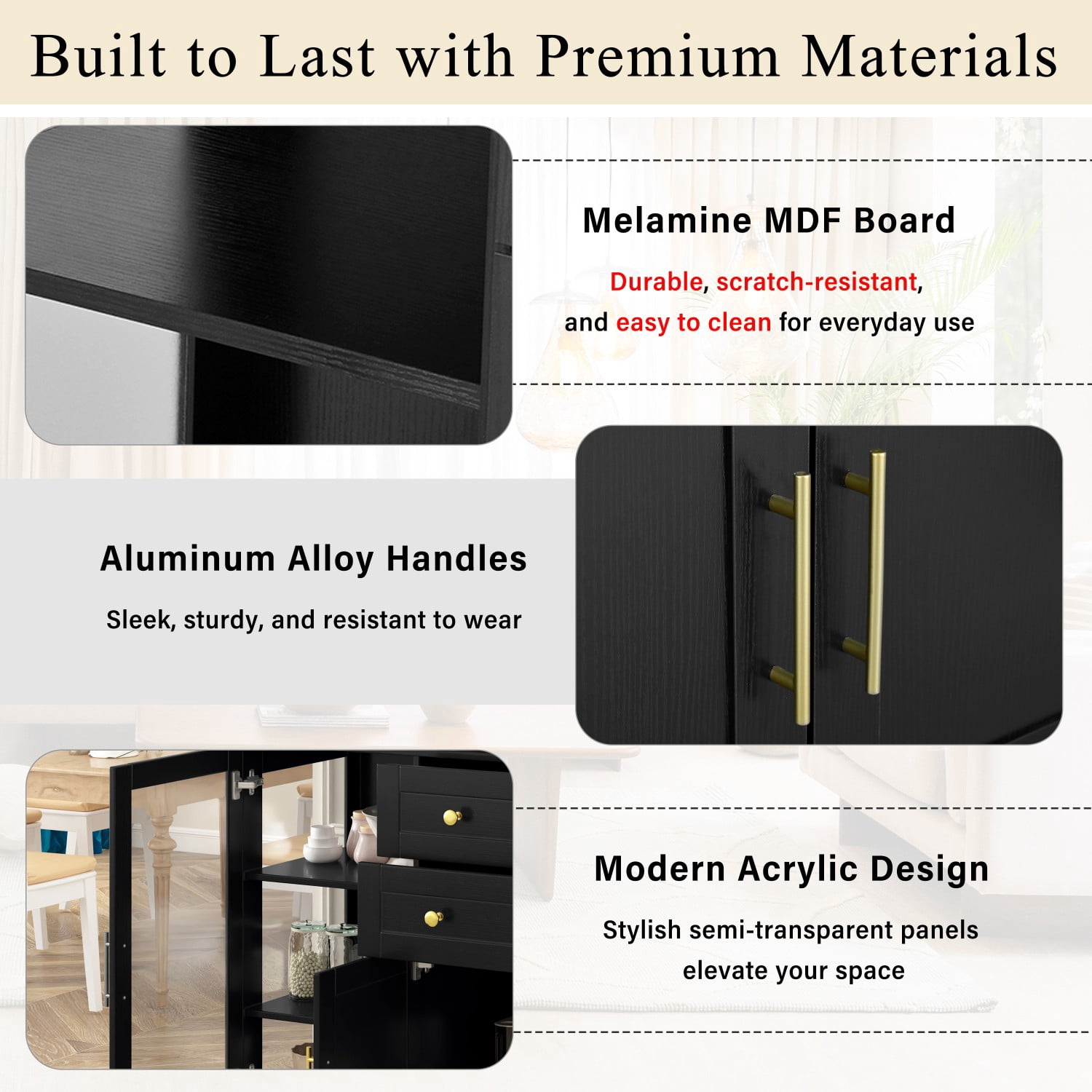 58.3" Modern Buffet Sideboard Cabinet with 4 Doors 2 Drawers, Adjustable Shelves, Power Outlet, Acrylic Panels Storage for Kitchen Dining Living Room, Black