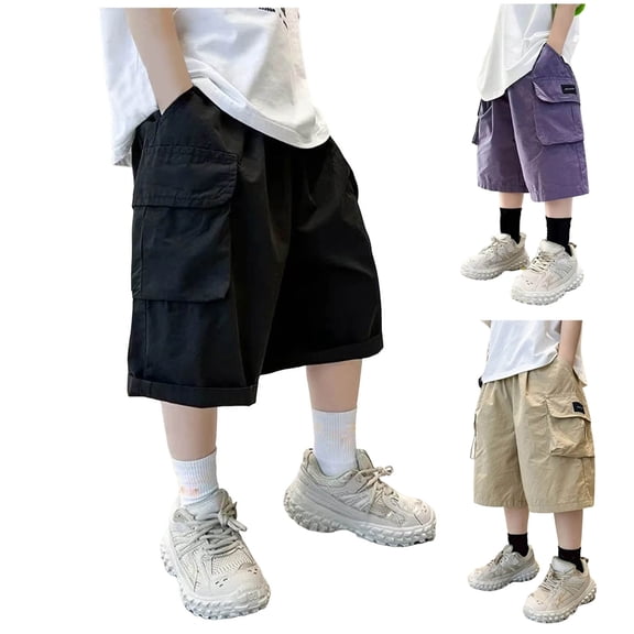 WUANDIXFA Boys Cargo Shorts Knee Length Wide Leg Bermuda Shorts Summer Casual Solid Elastic Waist Long Short Pants with Pockets (Purple, 4-5 Years)