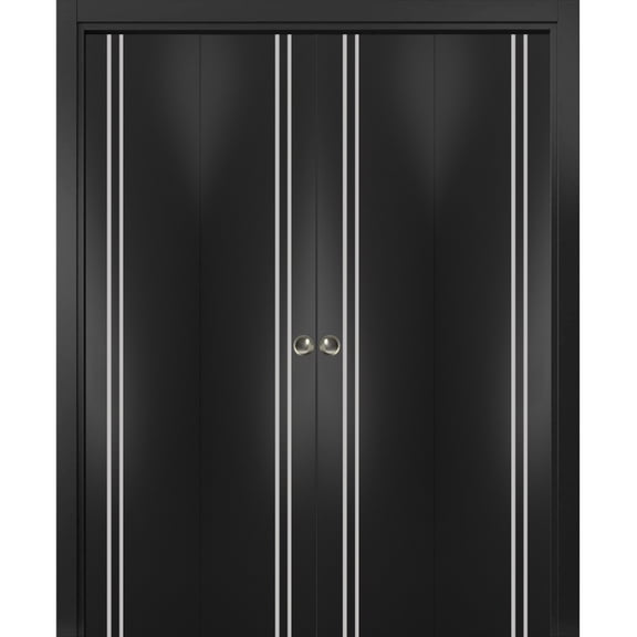 Sliding Closet Double Bi-fold Doors | Planum 0310 Matte Black with Frosted Glass | Sturdy Tracks Moldings Trims Hardware Set | Wood Solid Bedroom Wardrobe Doors