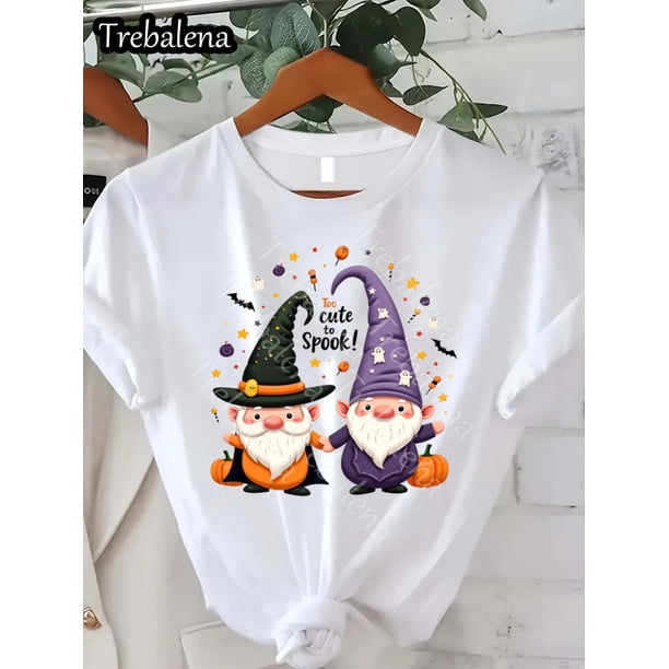 Halloween T-Shirt - Cute Pumpkin Head Witch Gnome Pattern for Everyday Fall Wear or Party Dress - Casual Printed Shirt, Holiday Themed Costume