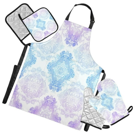 

5-Piece Kitchen Apron Set with Heat-Resistant Gloves & Insulation Mats for Cooking Baking BBQ Blue and Purple Pattern