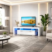UHOMEPRO TV Stand for TV up to70, High Gloss Entertainment Center with RGB LED Lights and Storage Shelves, White Media Console for Living Room