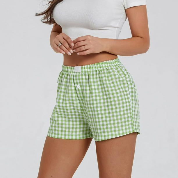 MKLEKYY Pantalones Cortos para Mujer, Lindos Pantalones Cortos de Pijama con Estampado de Cuadros Suaves y Botones En La Parte Delantera, Pantalones Cortos para Dormir