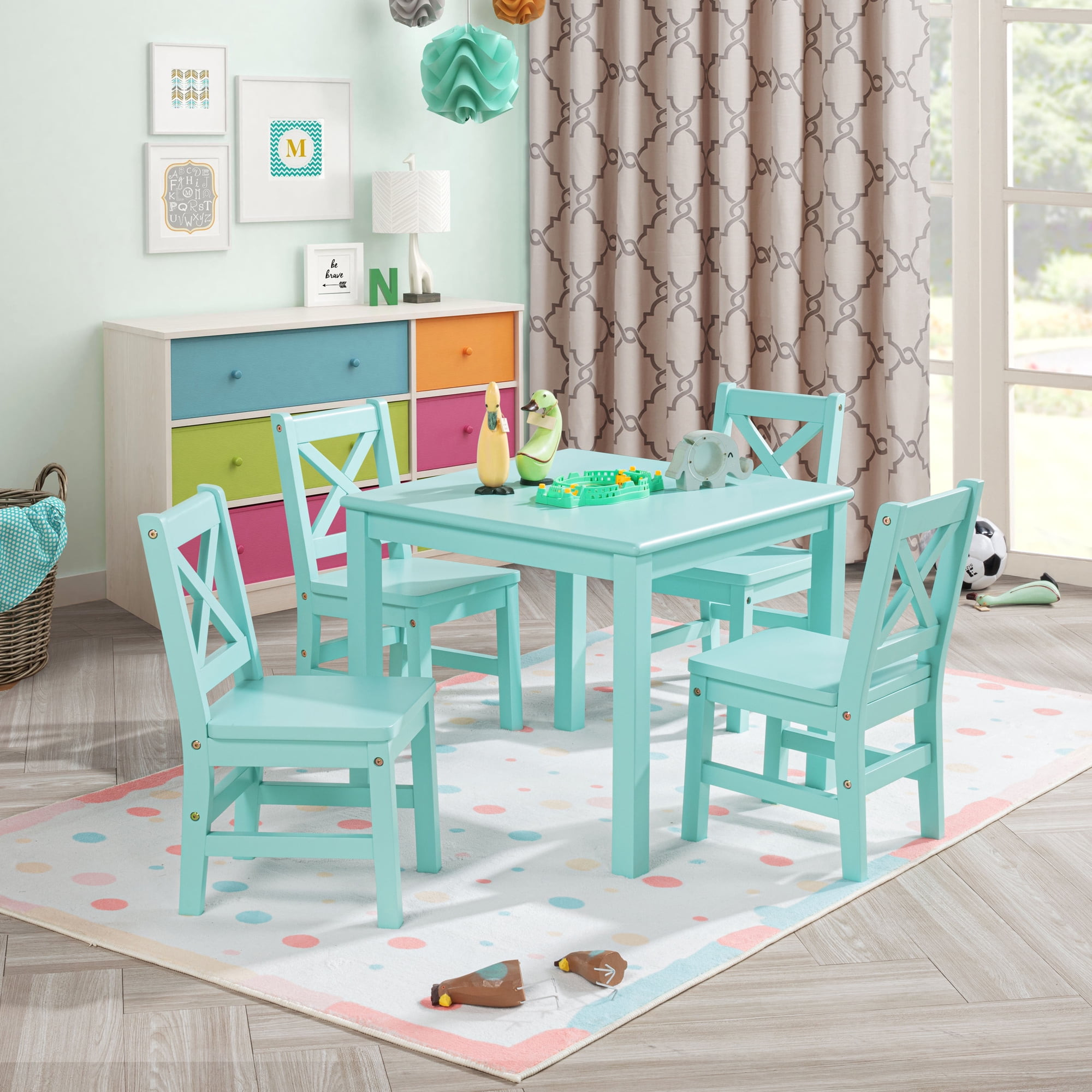 eHemco Solid Hard Wood Kids Table and X-Back Chairs Set (4 Chairs Included), Mint Blue, 5 Piece Set