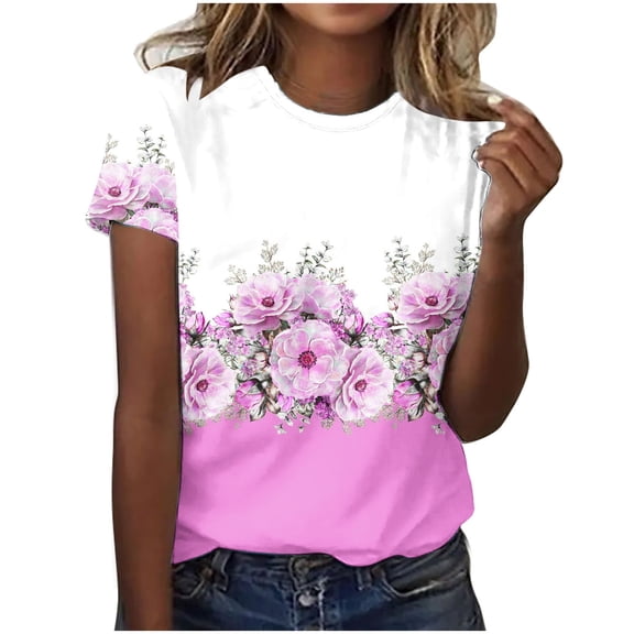 WREESH Floral Print Crew Neck T-Shirt Women's Fashion Short Sleeve Summer Top with 3D Print Hot Pink