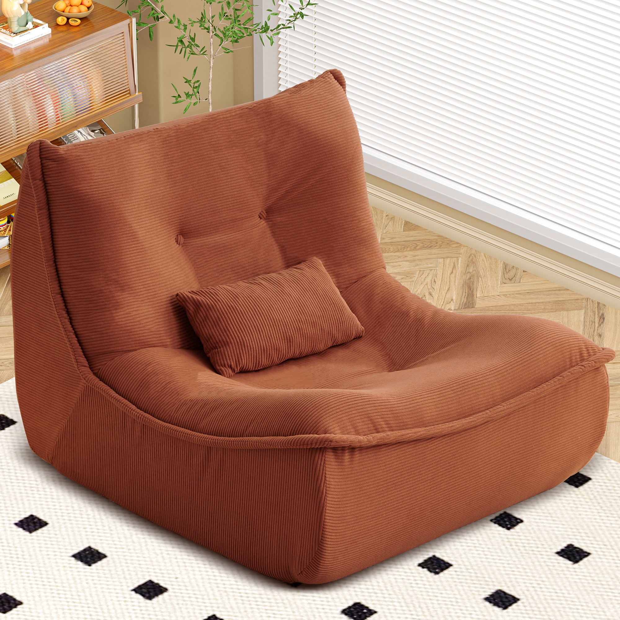 NBLDGT Bean Bag Chair for Adults, Single Lounge Chair with Lumbar Pillow, Comfy Floor Sofa with High-Resilience Foam, Lazy Accent Chair for Living Room, Bedroom, Apartment, Or Reading Corner, Orange