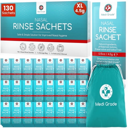 Medi Grade Sinus Rinse Packets – Nasal Irrigation Kit with 130 Saline Packets and Storage Bag for Adult Allergy Relief