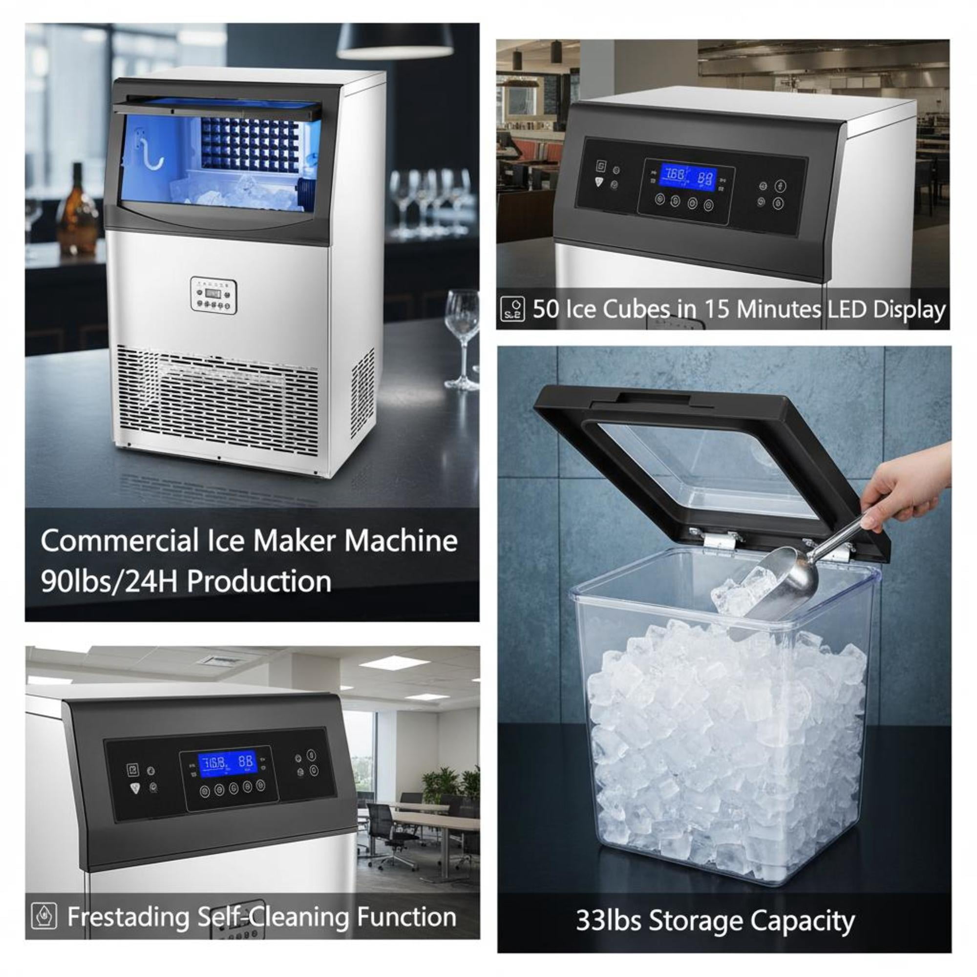 Commercial Ice Maker, 90lbs/24H, 33lbs Storage, Self-Cleaning Freestanding Ice Machine with LED Display for Restaurant Bar Office