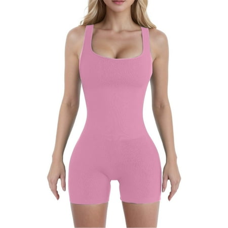 Yoga Sets Women Seamless Yoga Bodysuit With Removable Padded Bra Threaded Spandex Shorts Yoga Outfits Pink S