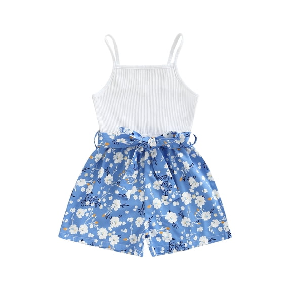 Franhais Kid Girl Sleeveless Romper, Dot/Floral/Leopard Printed Patchwork Sling Playsuit with Belt