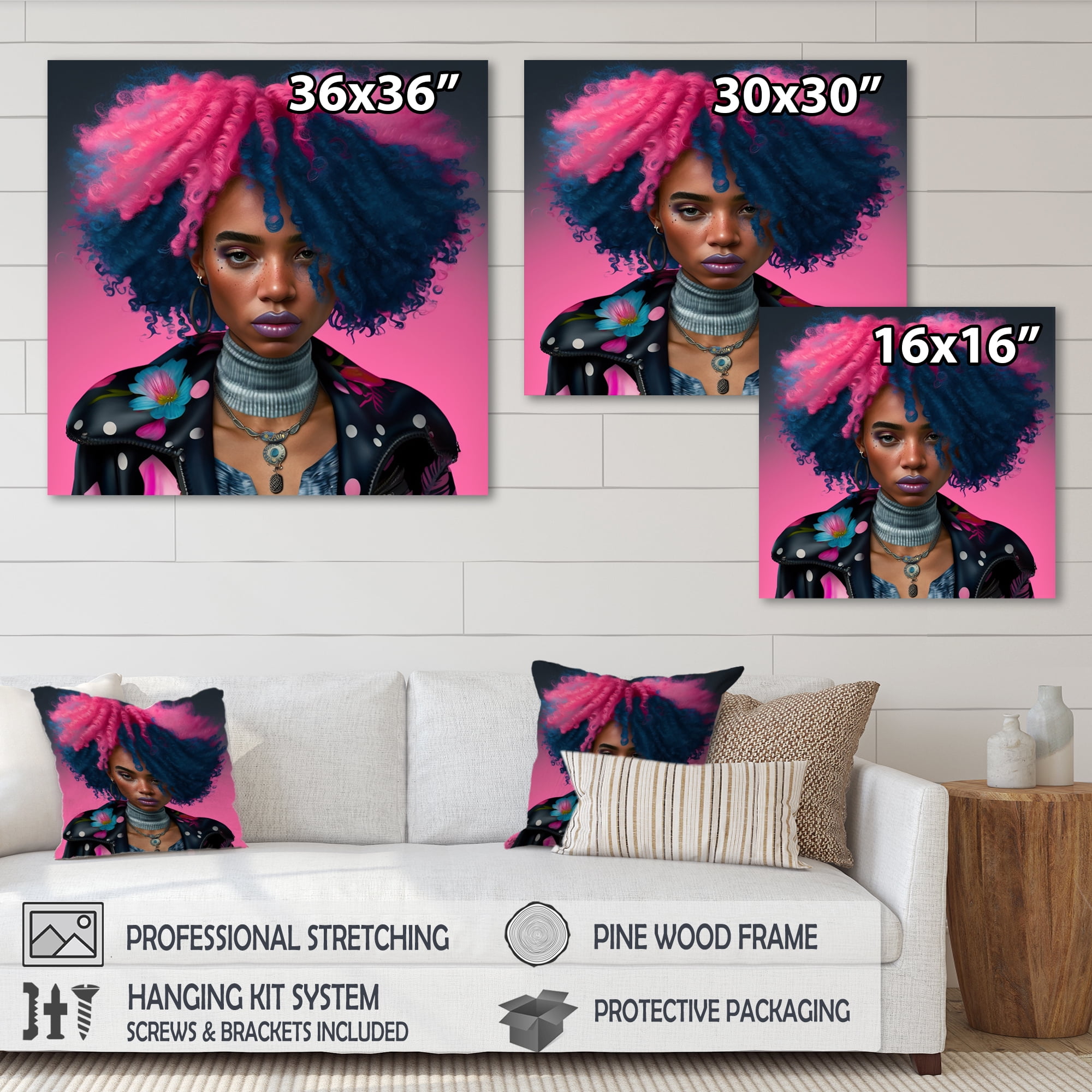 Designart Pink And Blue African American Woman V Canvas Wall Art